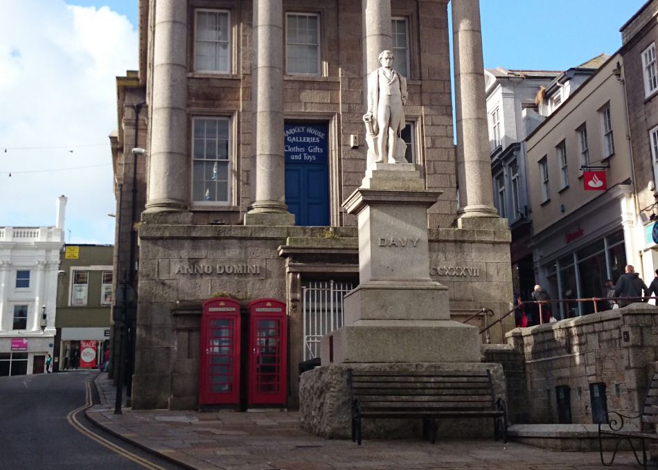 Humphry Davy statue and Lloyd's Bank on Market Jew Street in Penzance