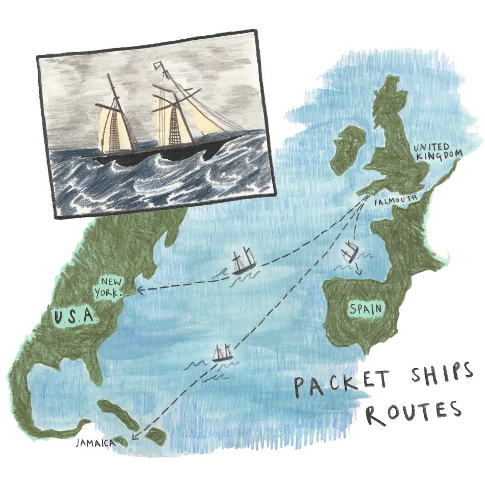 Illustration of the Falmouth Packet Service ship routes